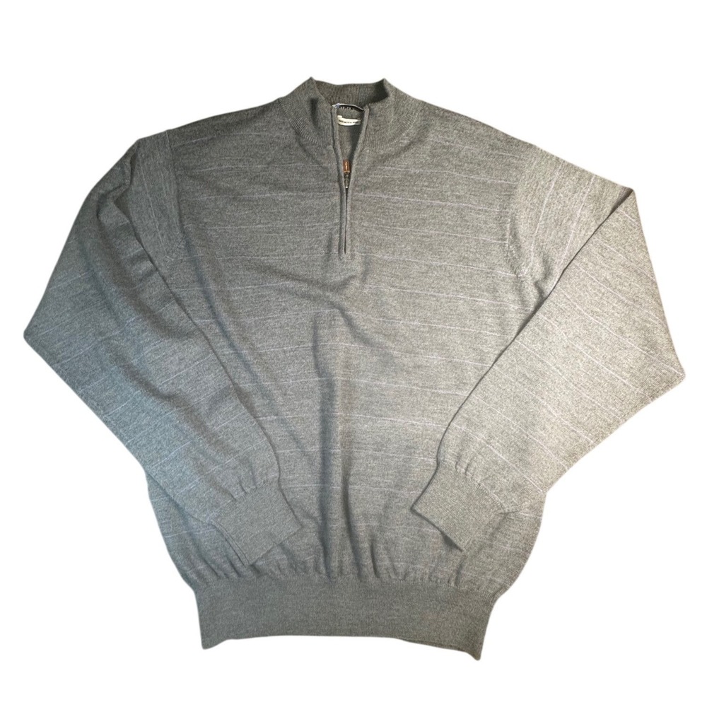 Peter Millar Mens Large Grey Purple Striped 100% Extrafine‎ Merino Wool 1/4 Zip